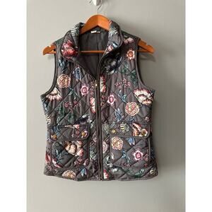 Womens Size M Artisan New York Floral Quilted Collared Gray Puffer Vest